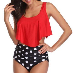 ❤️ Retro Red & Polka Dot High-Waisted Swimsuit (2-Piece)